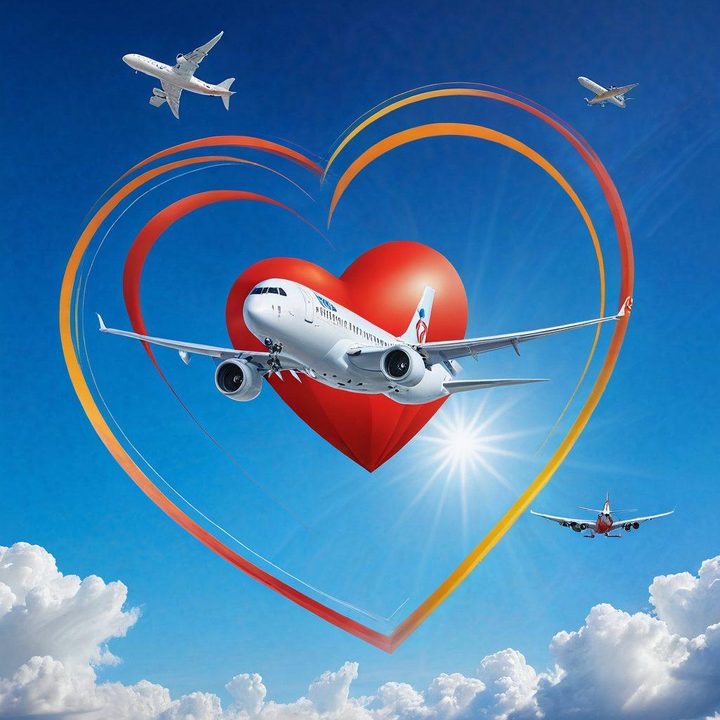 A heart-shaped airplane soaring through a clear blue sky, leaving a colorful trail that symbolizes protection and care. Surround the airplane with icons representing various aviation insurance plans, such as a shield, a checklist, and a family in flight together. The scene conveys a sense of security and love for aviation, with a soft, warm glow illuminating the elements. vibrant colors. super-realistic. white background.