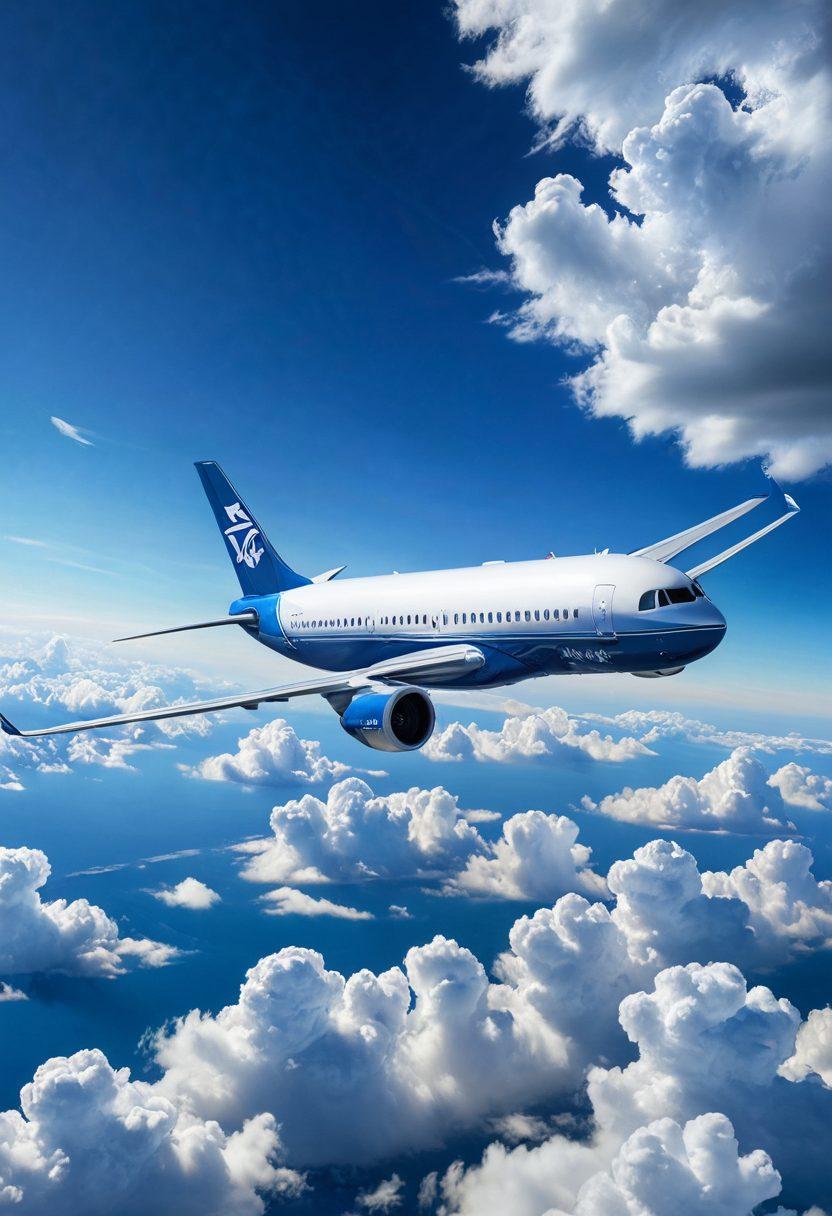 A serene aerial view of a vast blue sky with soft white clouds, featuring a detailed airplane soaring gracefully. Below, a symbol of comprehensive insurance coverage, like a shield with icons representing various aspects of aviation safety. The scene evokes a sense of security and adventure, capturing both the essence of aviation and protection. vibrant colors. super-realistic.